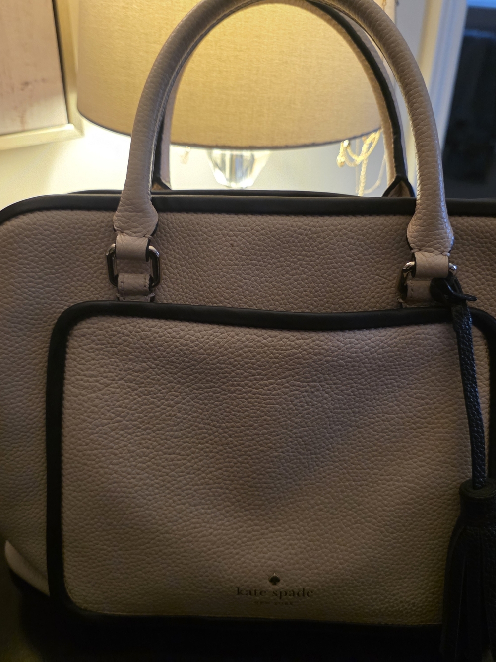 kate spade Pebbled Leather Satchel Tote - Taupe with Black Trim